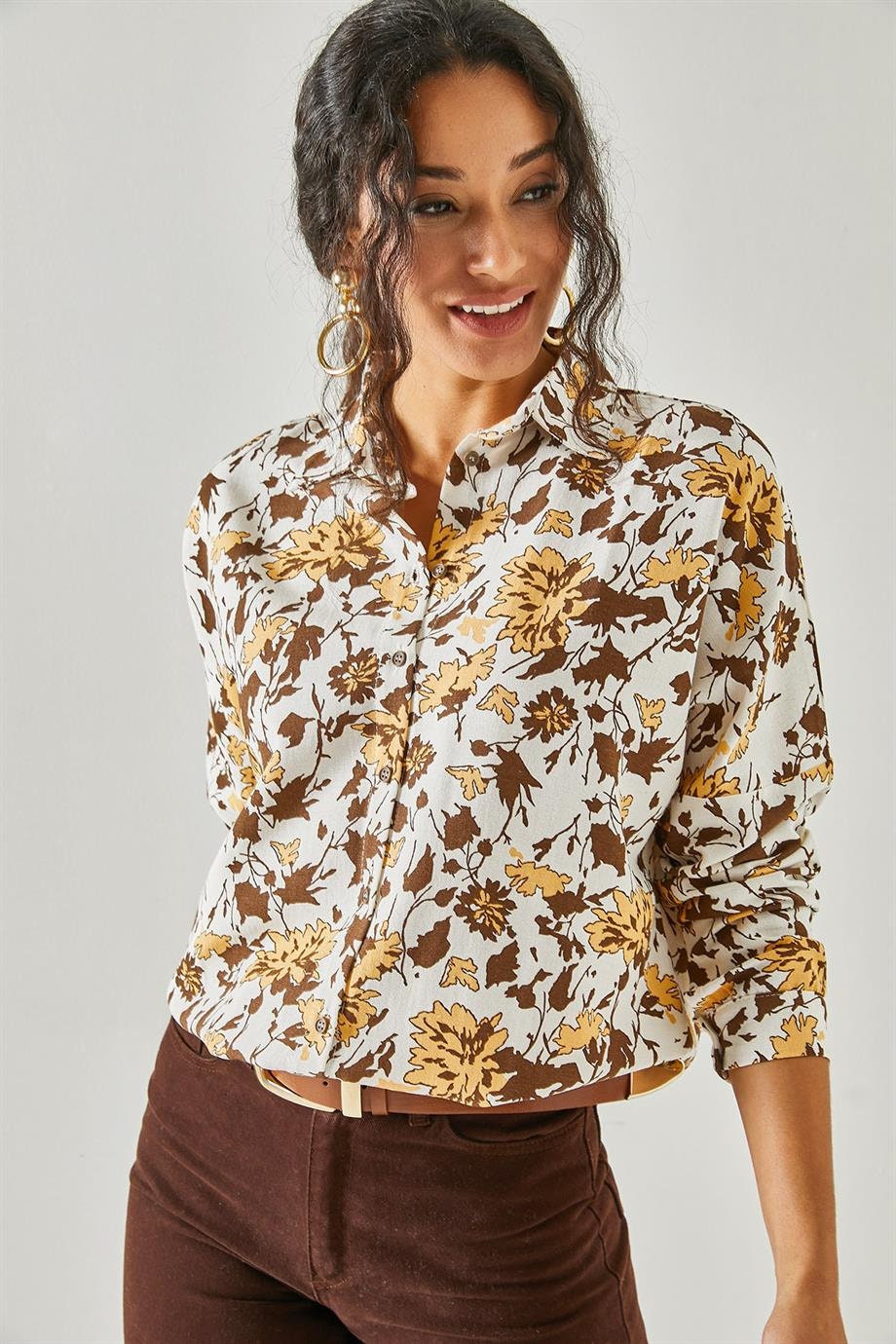 Brown Floral Linen Button Down Shirt