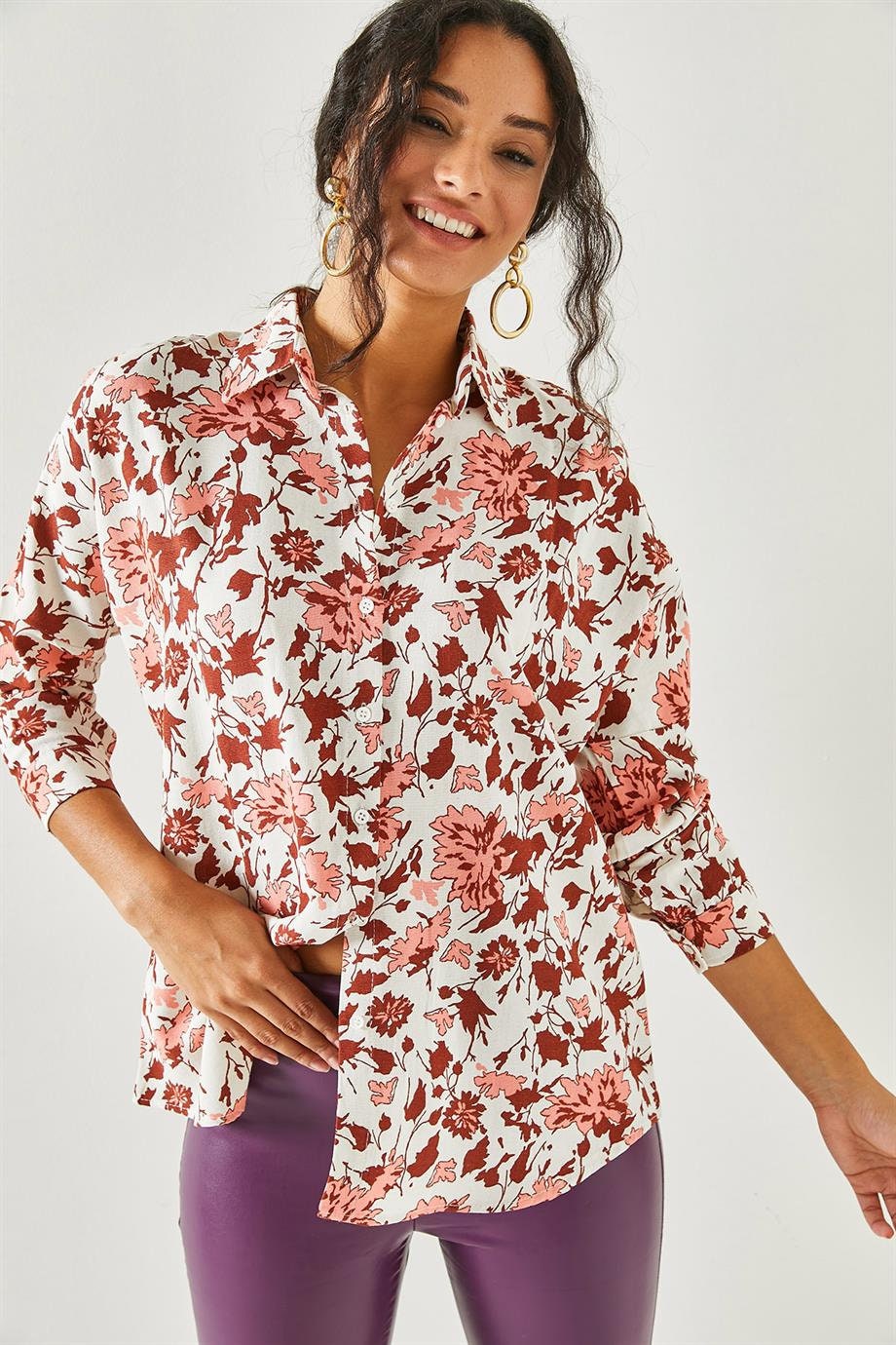 Brown Floral Linen Button Down Shirt