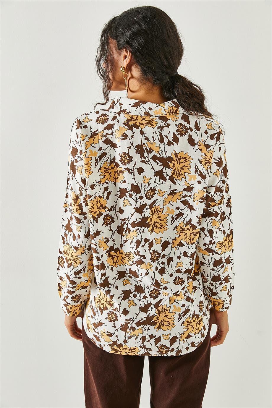 Brown Floral Linen Button Down Shirt