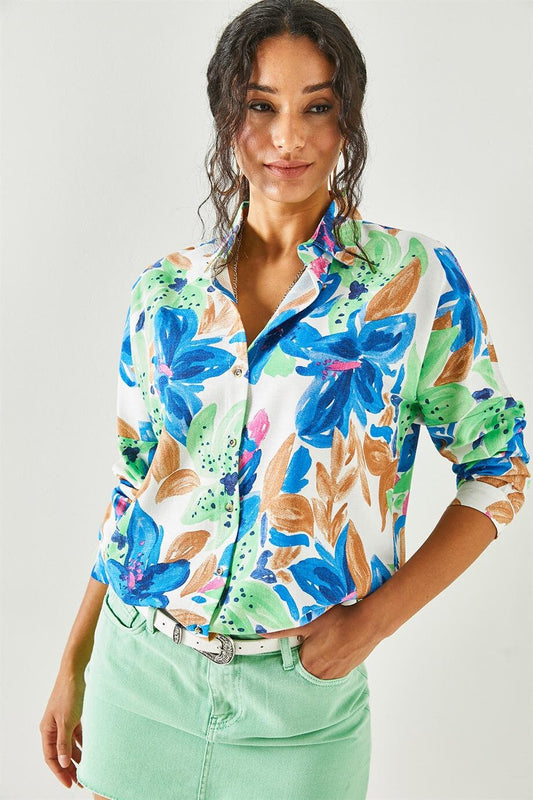 Blue Colorful Floral Linen Blouse