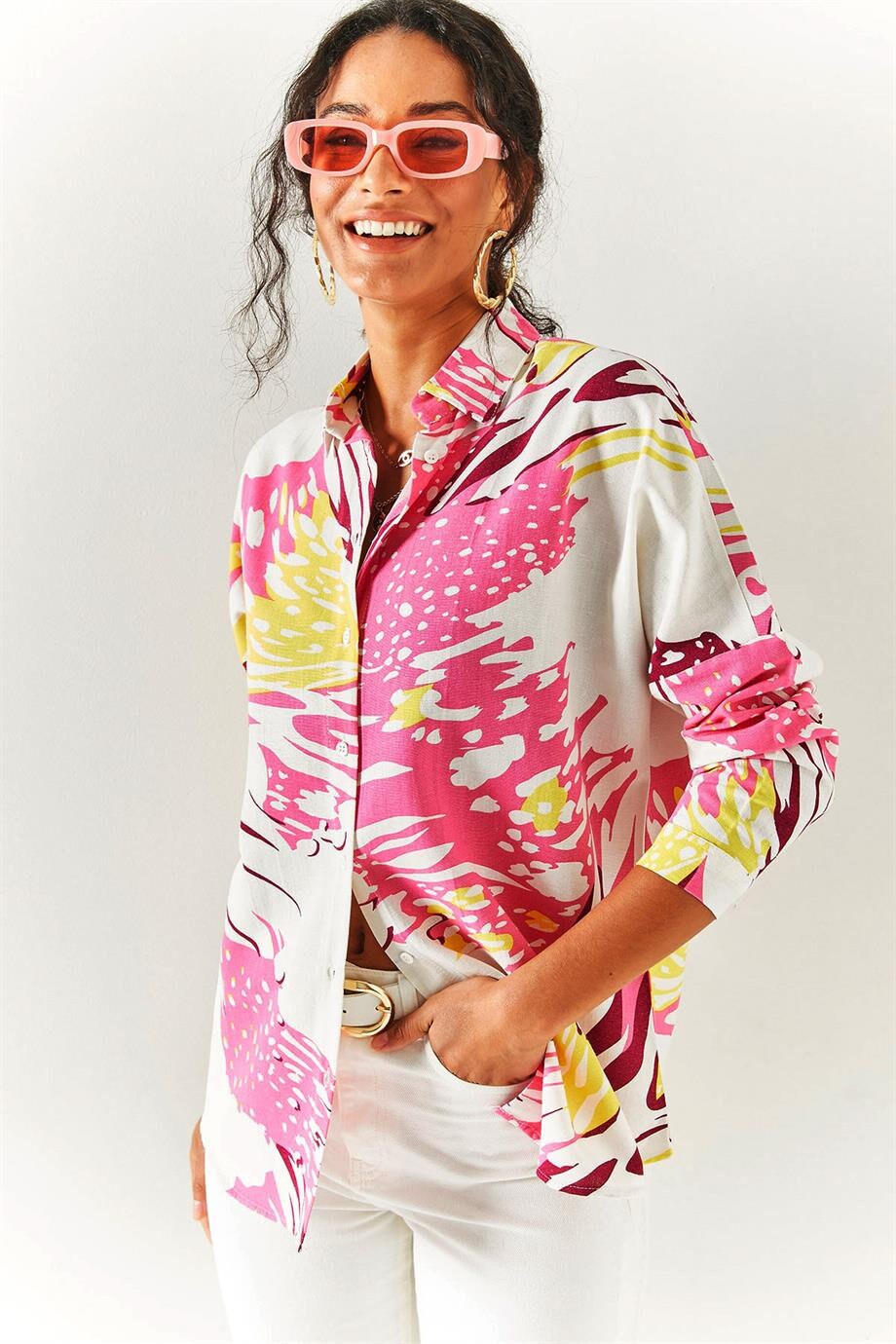 Pink Designer Print Linen Blend Blouse