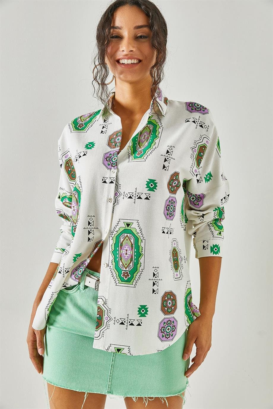 Green Ethnic Print Linen Blouse