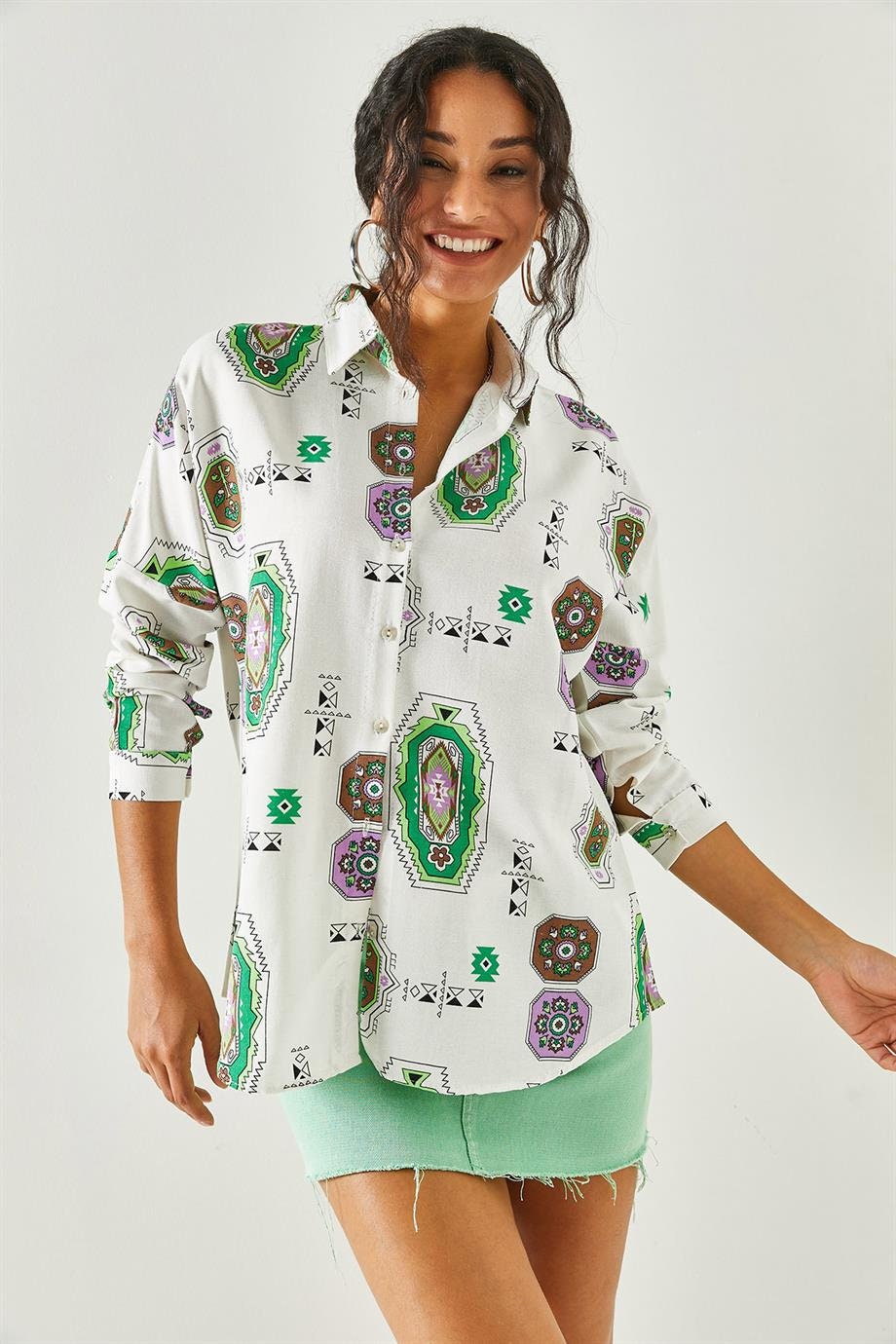 Green Ethnic Print Linen Blouse