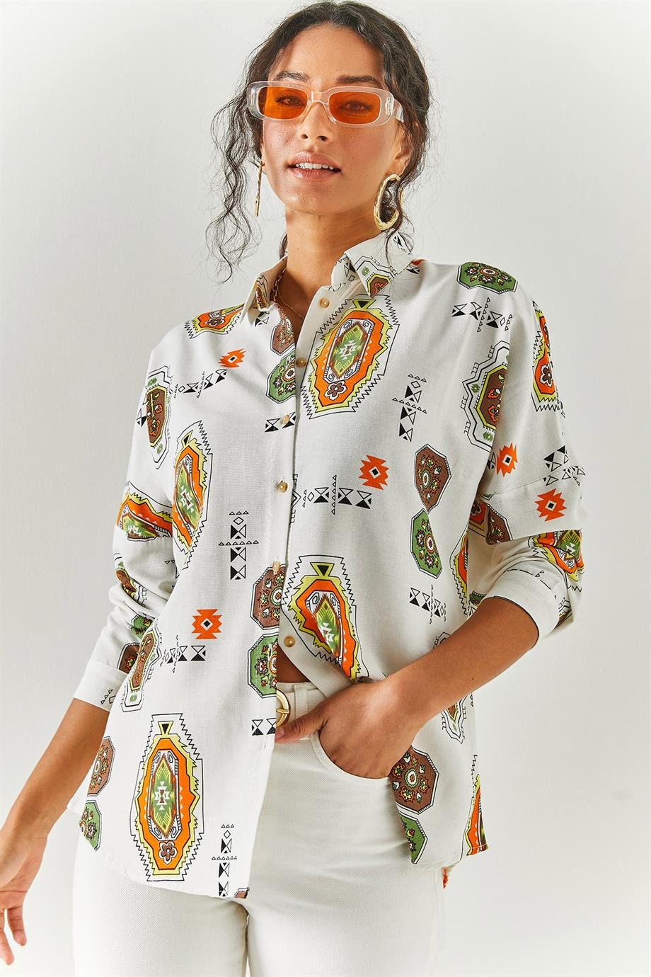 Green Ethnic Print Linen Blouse