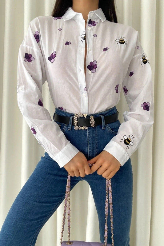 Bee Floral Embroidered Cotton Blouse