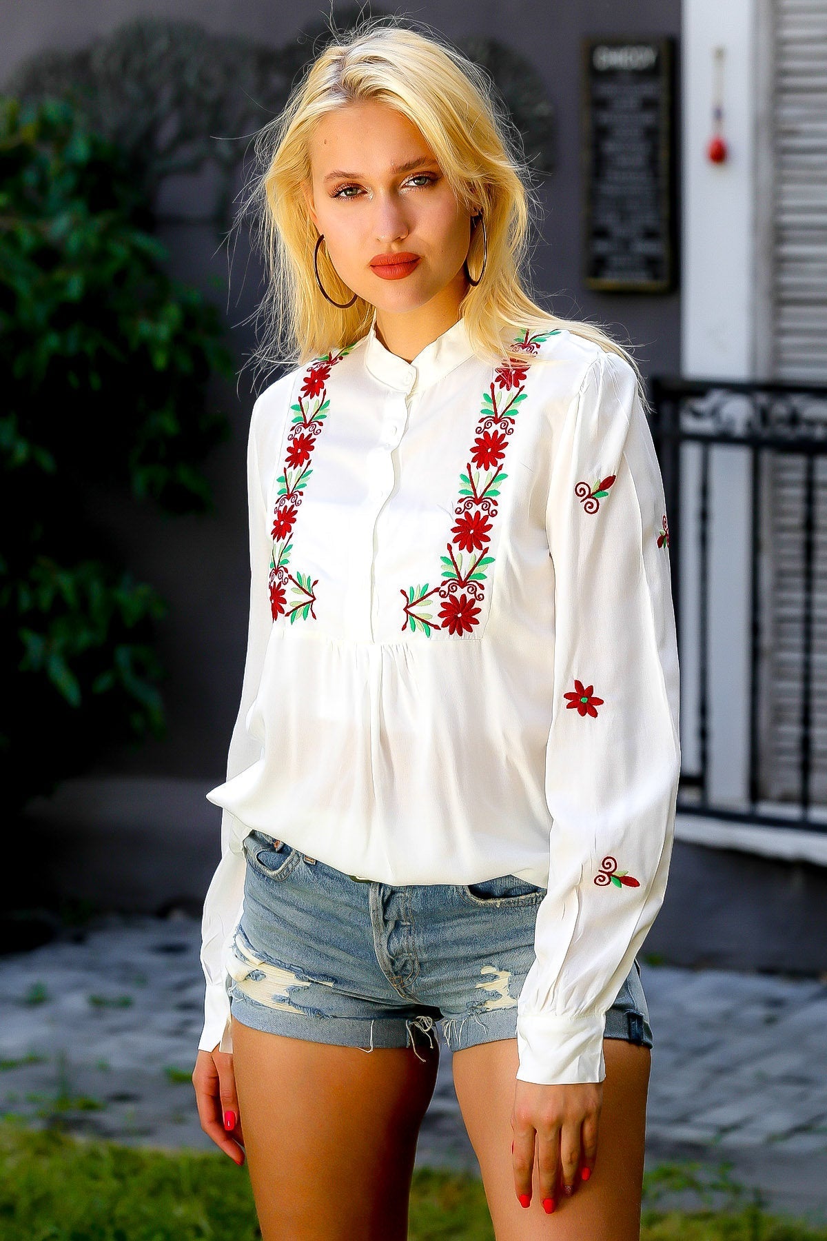 Red Floral Embroidered Cotton Blouse