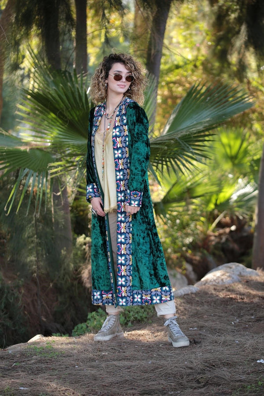 Emerald Green Ethnic Embroidered Velvet Kimono