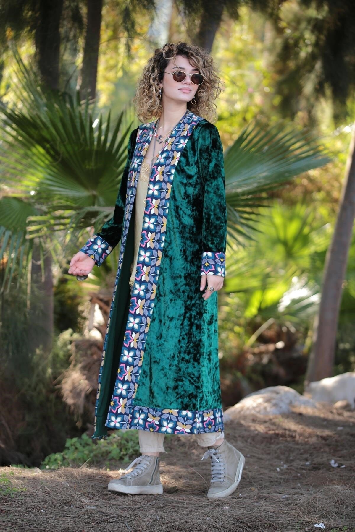 Emerald Green Ethnic Embroidered Velvet Kimono