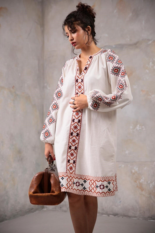 White Ethnic Embroidered Linen Dress