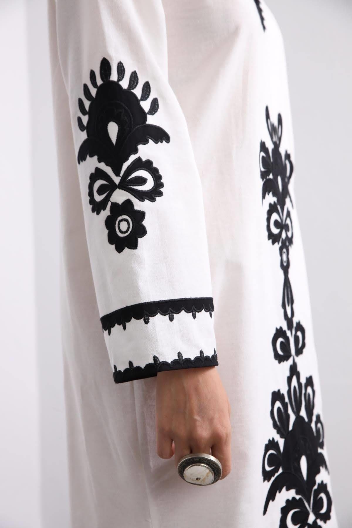 White Ethnic Embroidered Long Cotton Dress