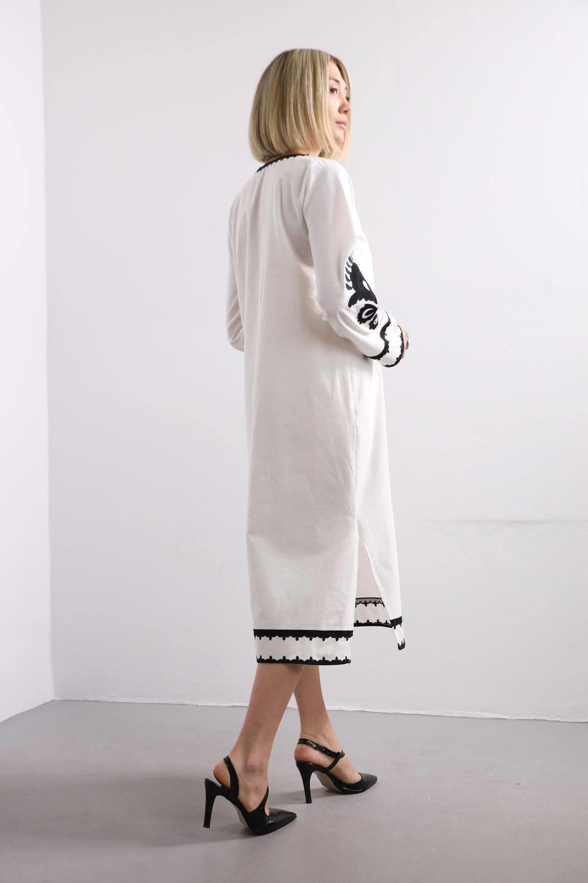 White Ethnic Embroidered Long Cotton Dress