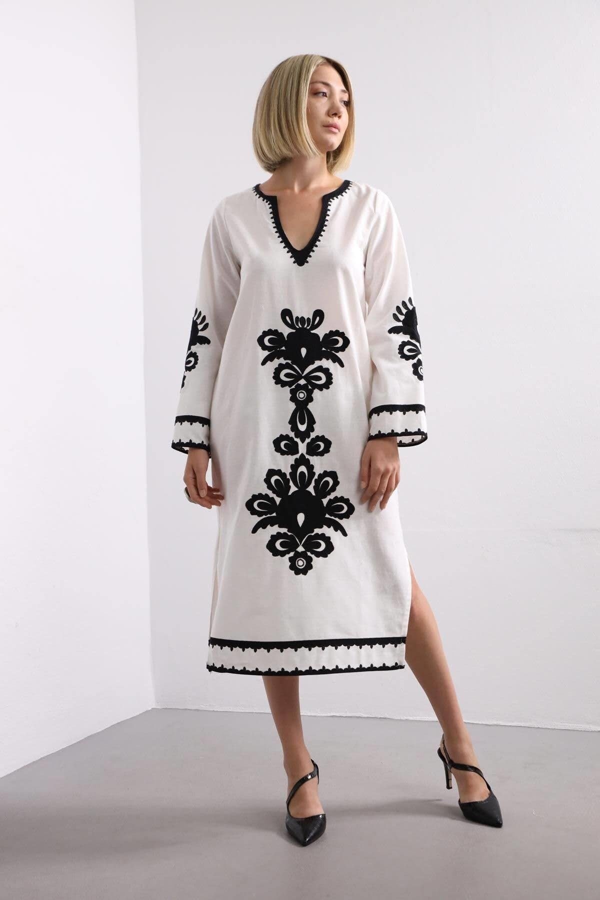 White Ethnic Embroidered Long Cotton Dress