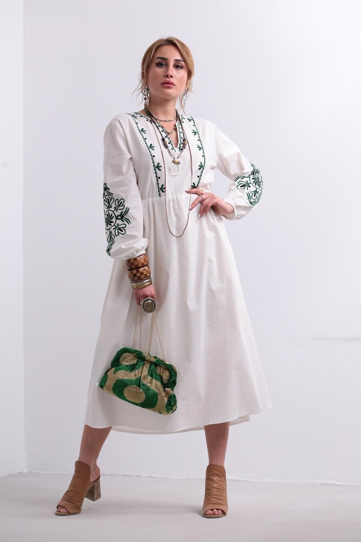 Red Floral Embroidered White Maxi Long Ethnic Dress