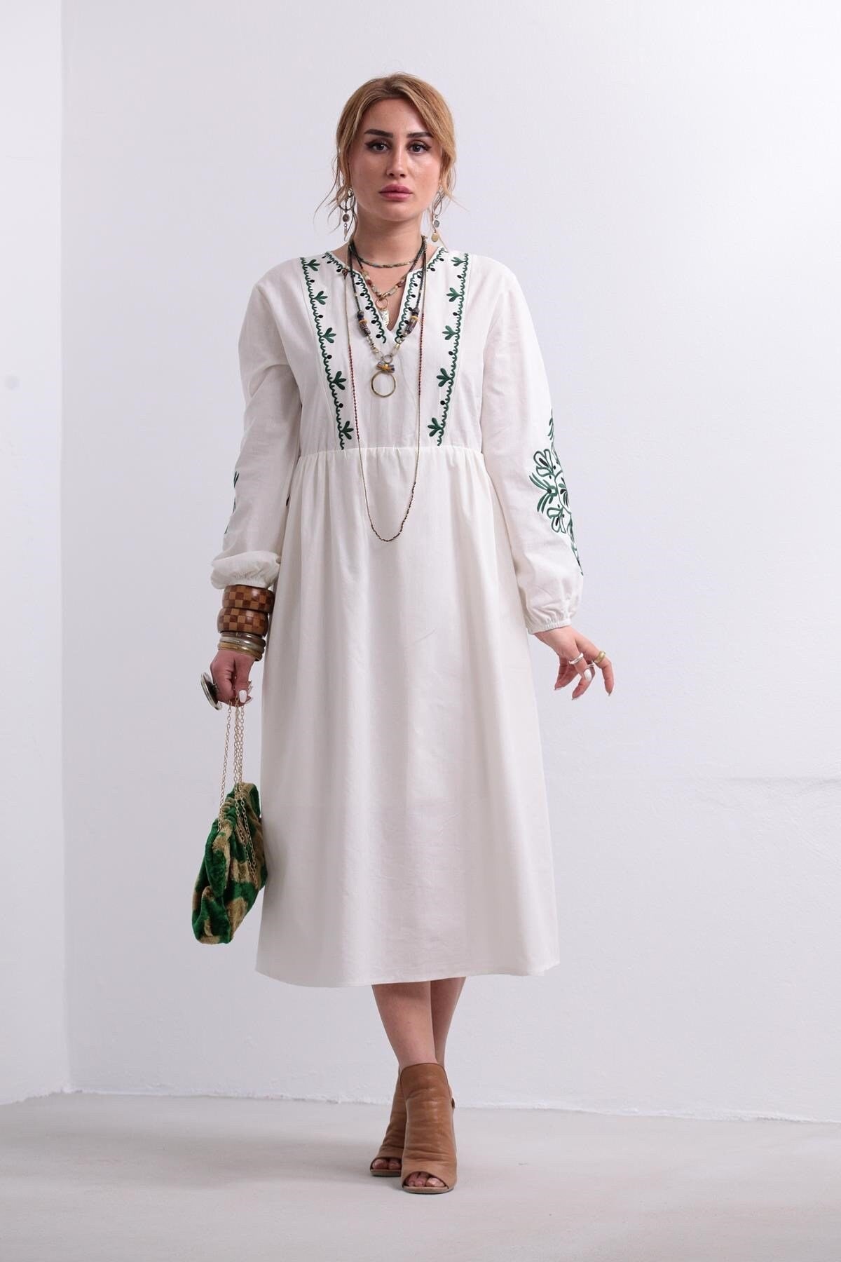 Red Floral Embroidered White Maxi Long Ethnic Dress