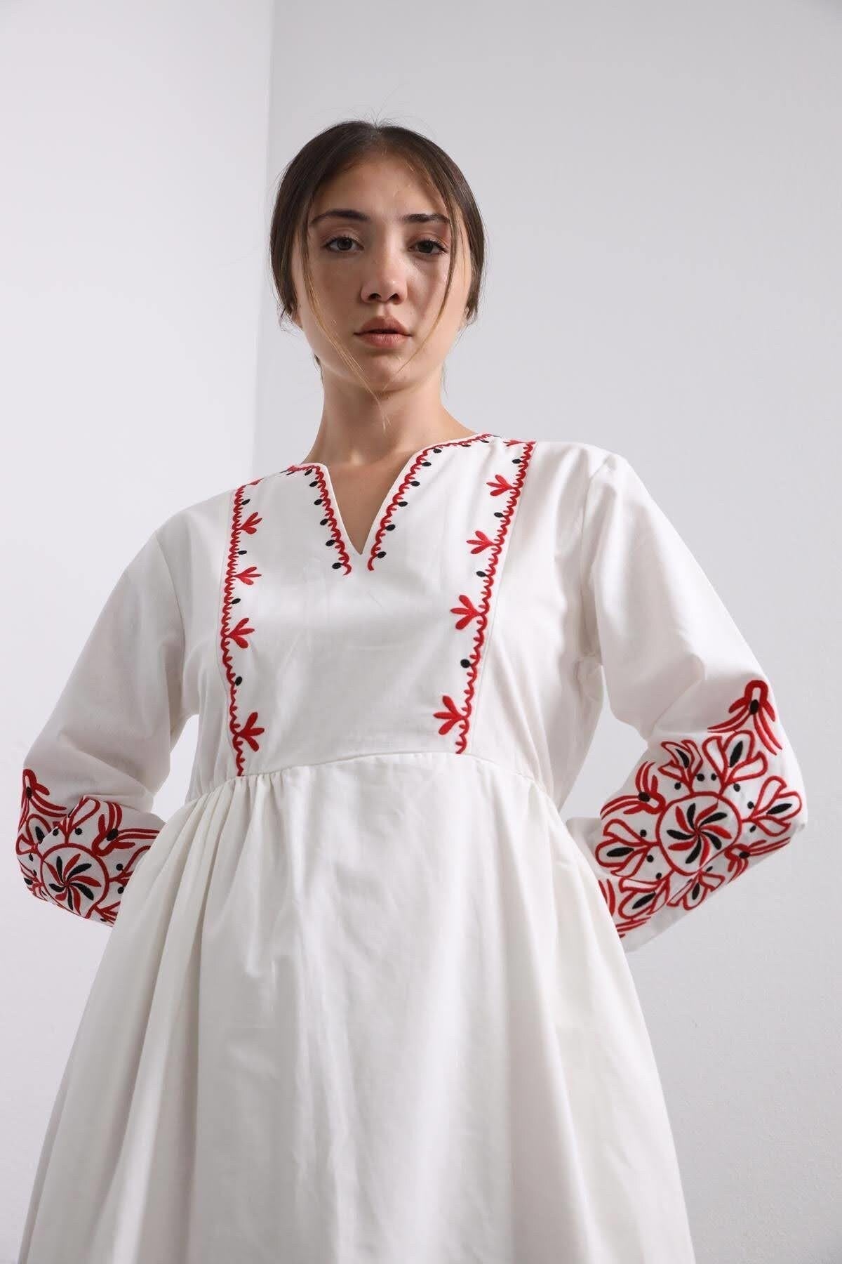 Red Floral Embroidered White Maxi Long Ethnic Dress