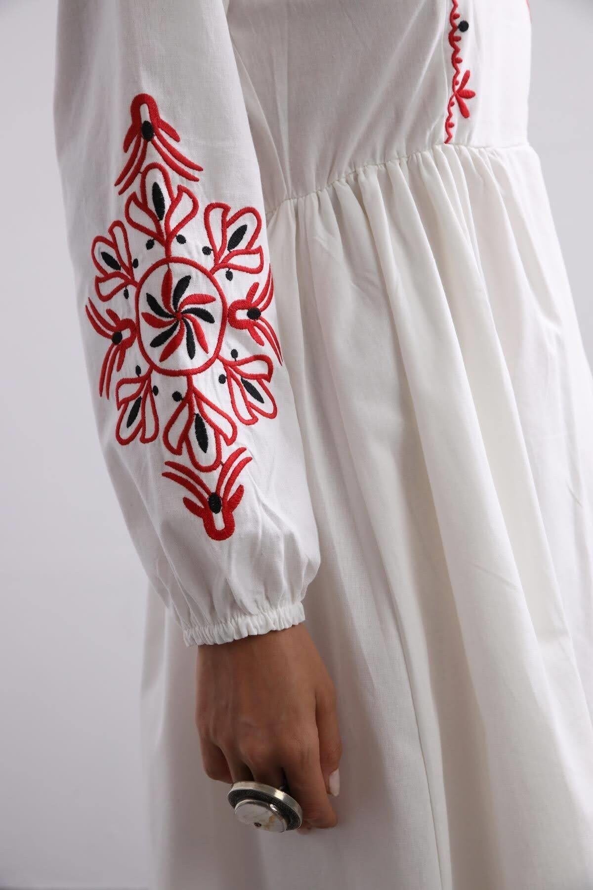 Red Floral Embroidered White Maxi Long Ethnic Dress