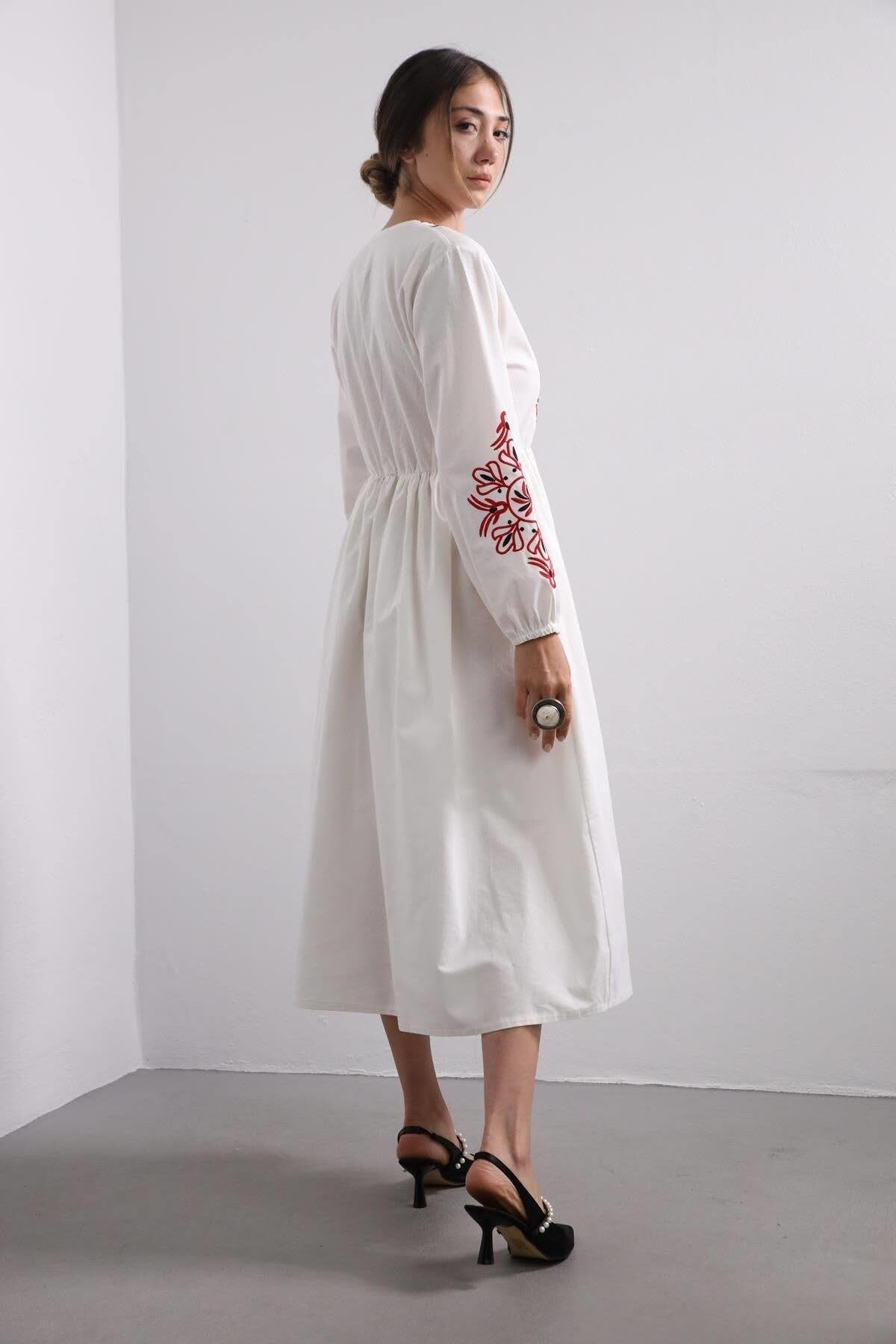 Red Floral Embroidered White Maxi Long Ethnic Dress