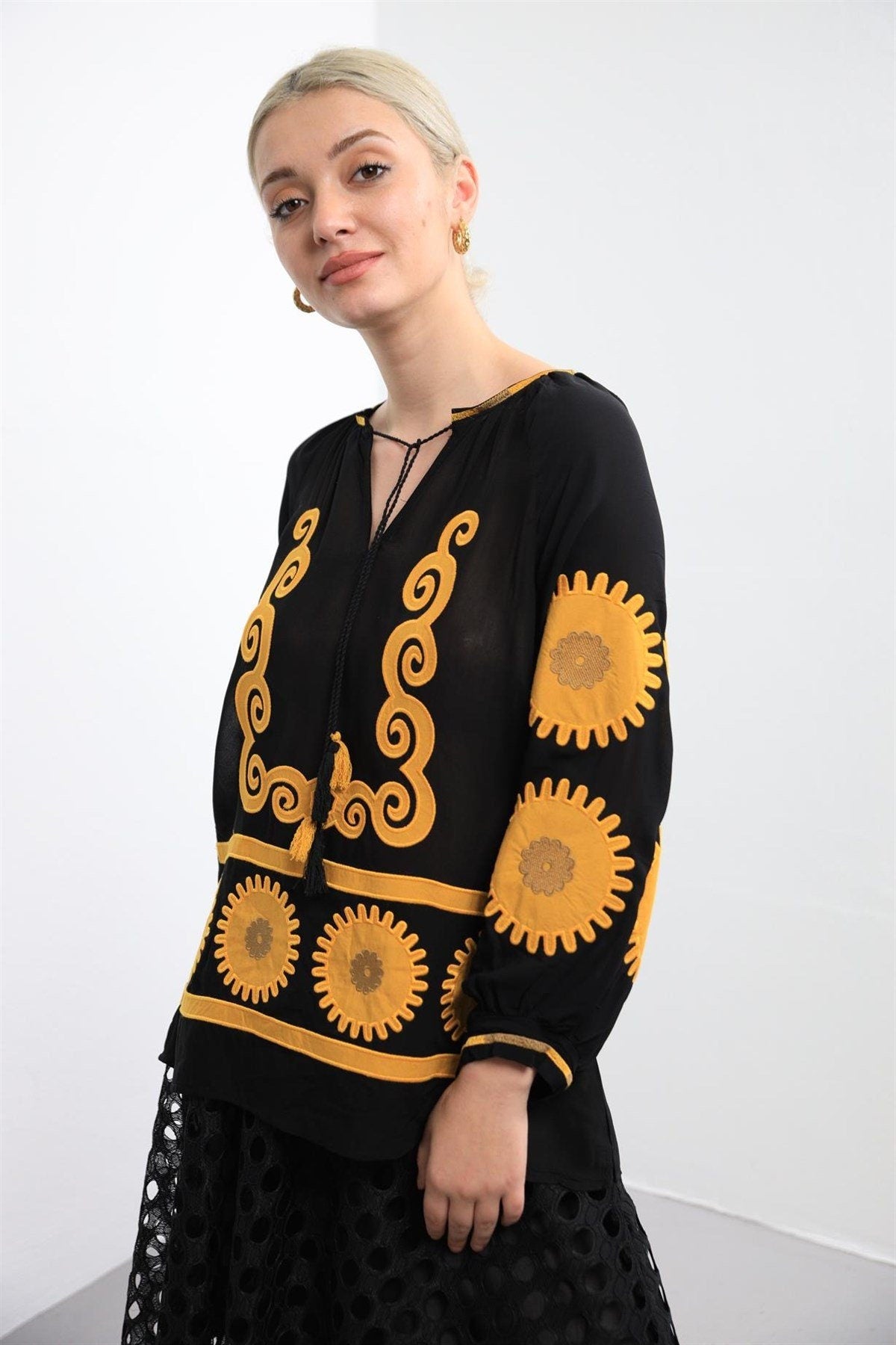 Black Sunflower Embroidered Blouse