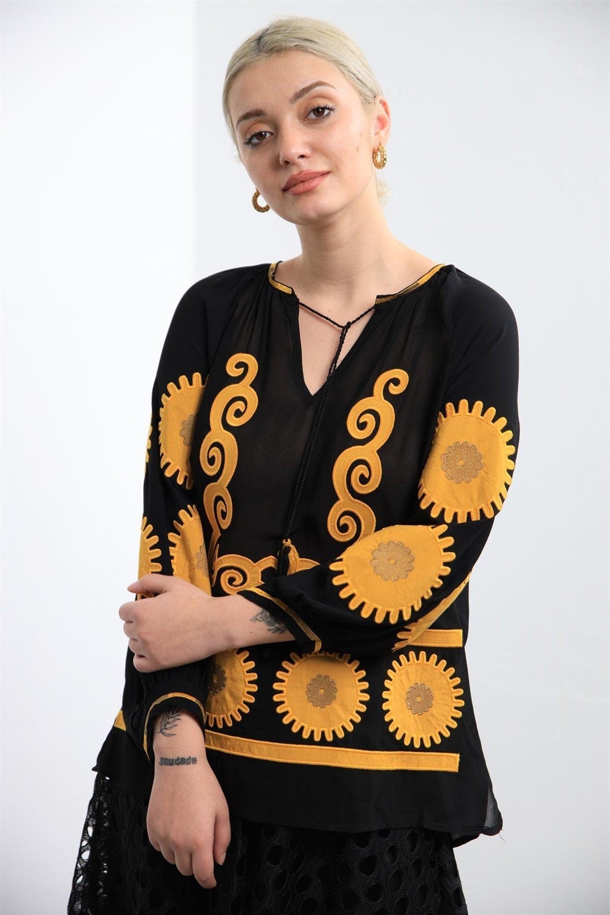 Black Sunflower Embroidered Blouse