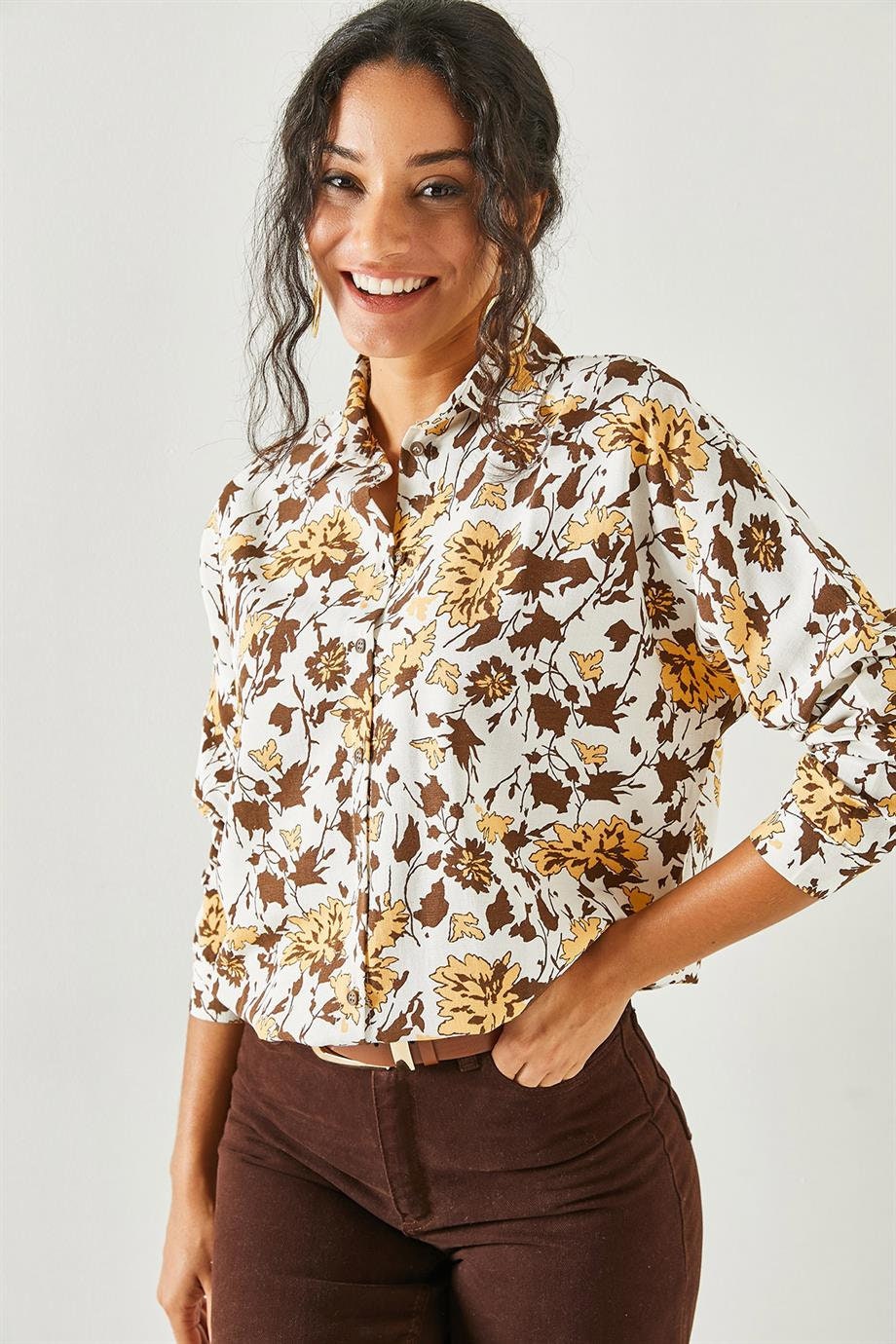 Brown Floral Linen Button Down Shirt