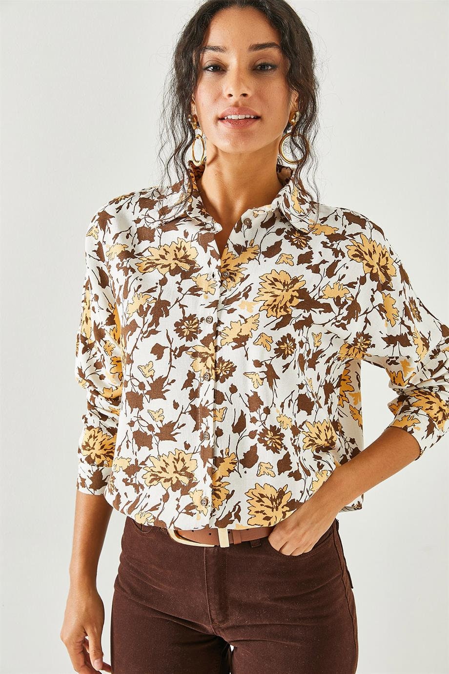 Brown Floral Linen Button Down Shirt