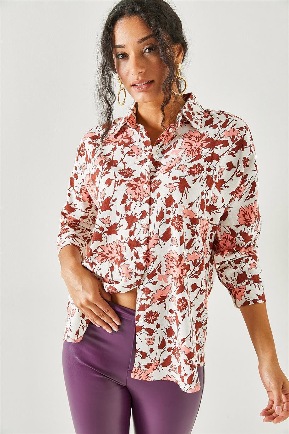 Brown Floral Linen Button Down Shirt