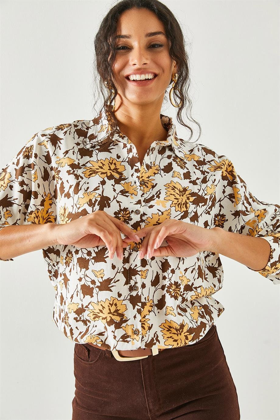 Brown Floral Linen Button Down Shirt