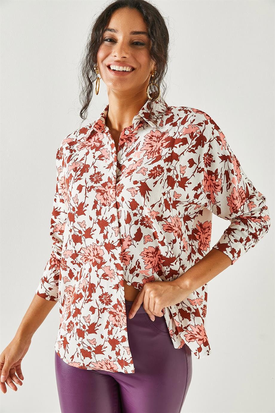 Brown Floral Linen Button Down Shirt