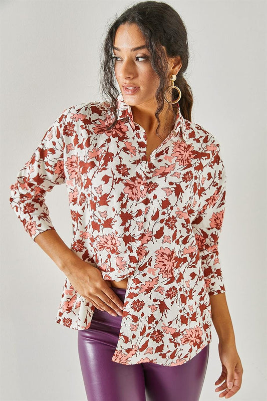 Lola Burgundy Floral Linen Button Down Shirt