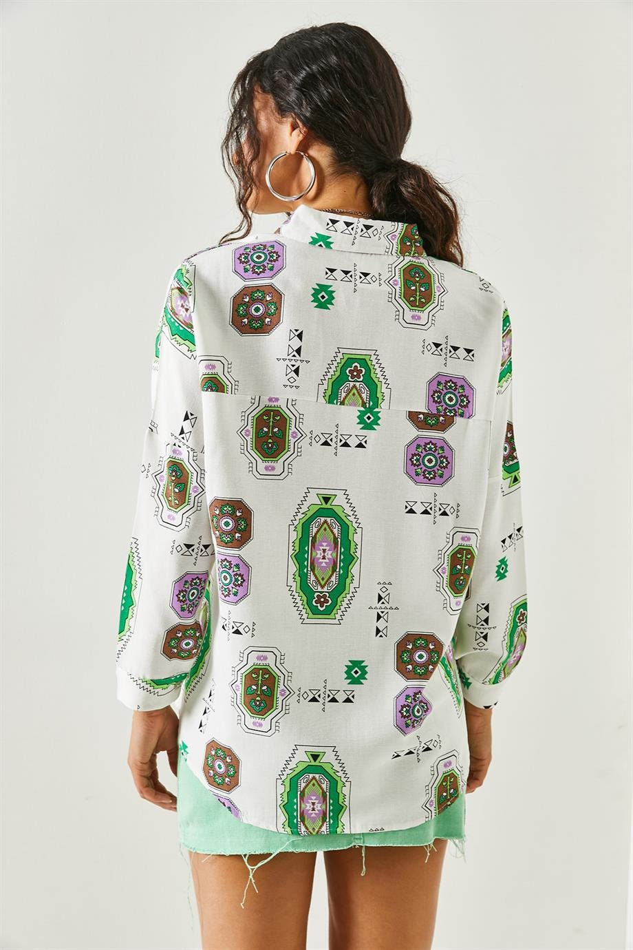 Green Ethnic Print Linen Blouse