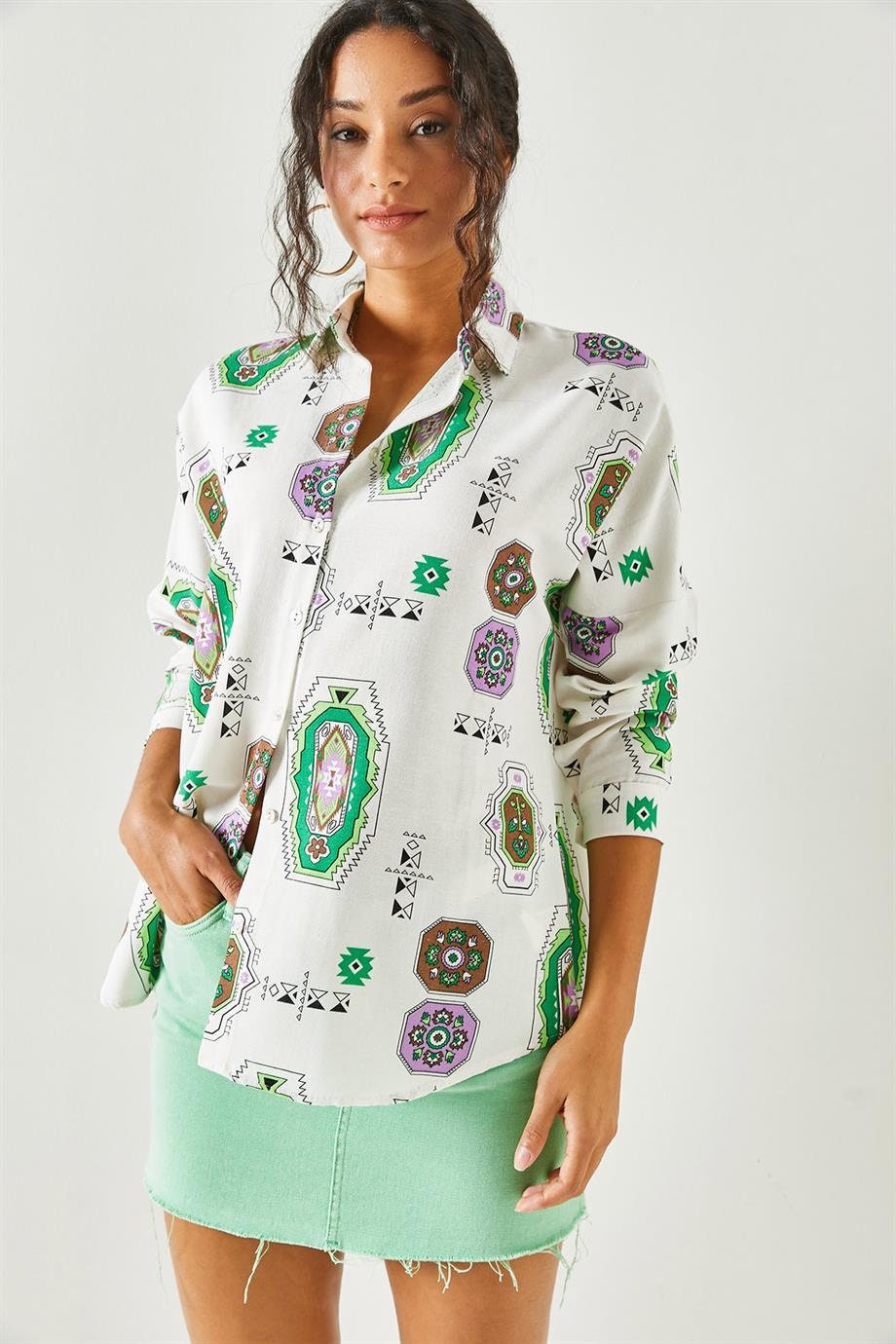 Green Ethnic Print Linen Blouse