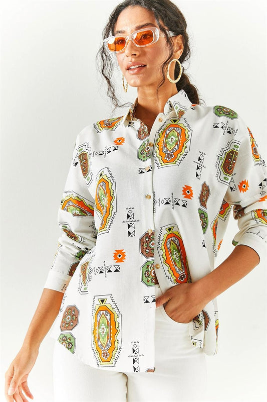 Brown Ethnic Print Linen Blouse
