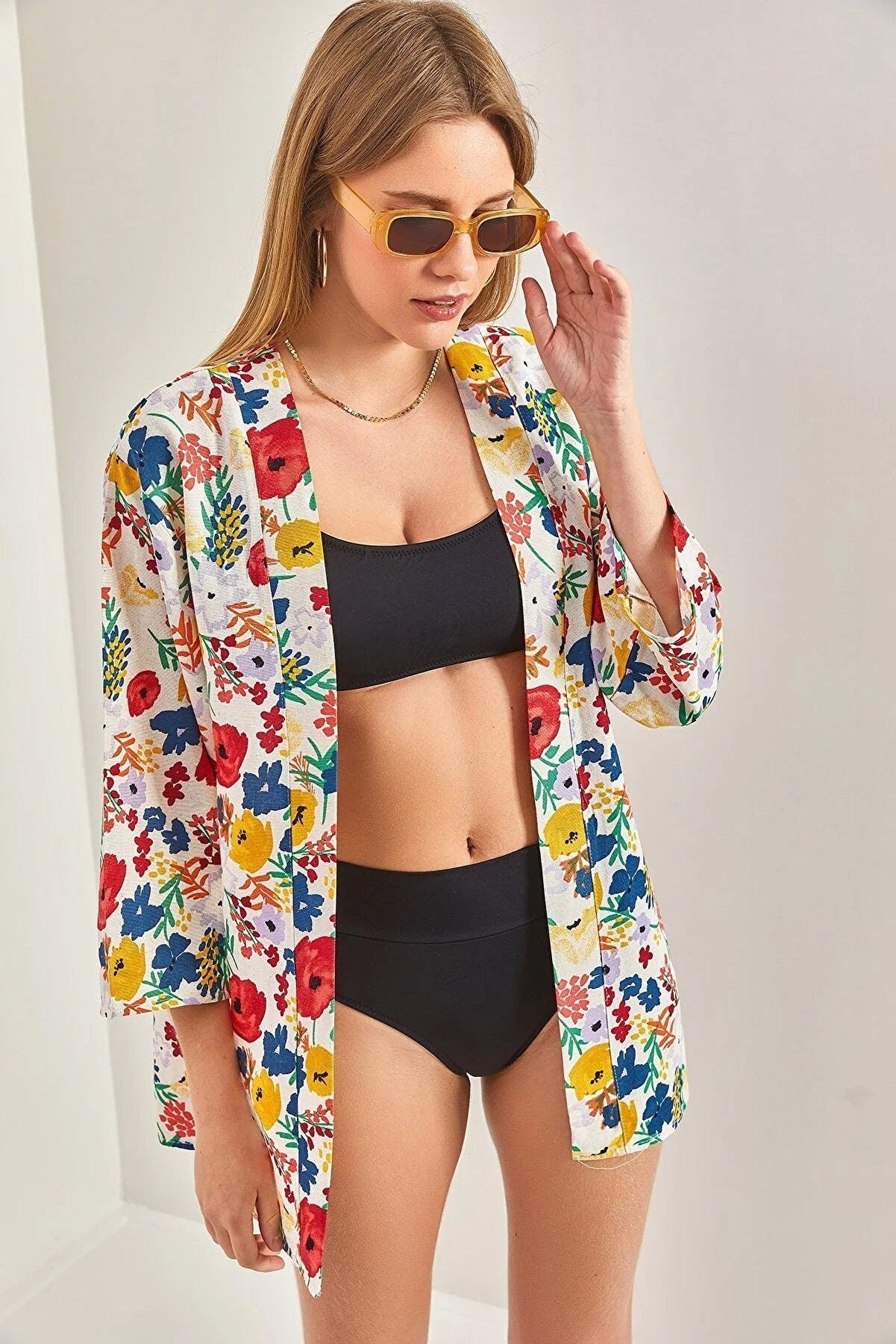 Red Floral Linen Kimono