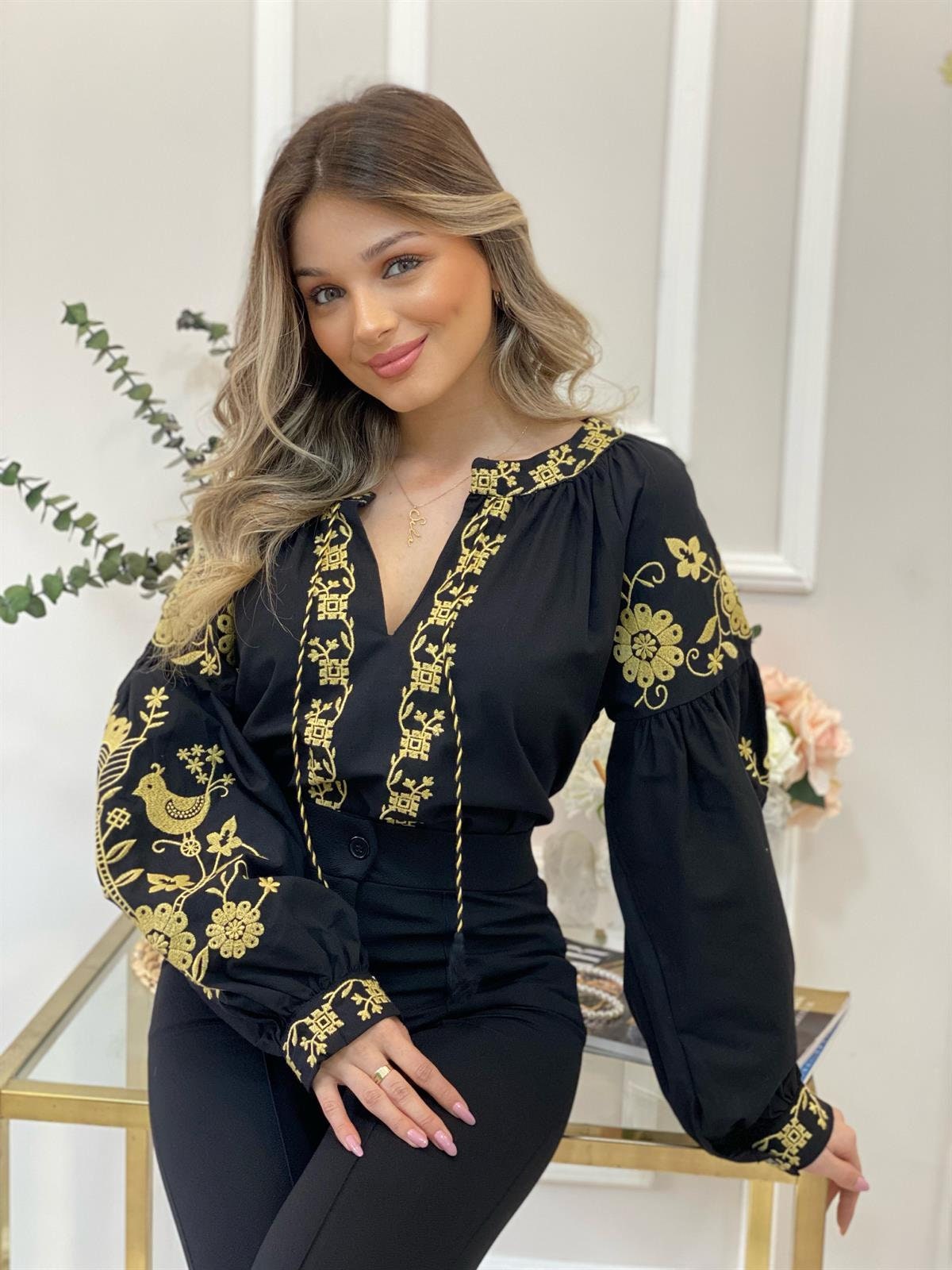 Gold Bird Floral Embroidered Cotton Blouse