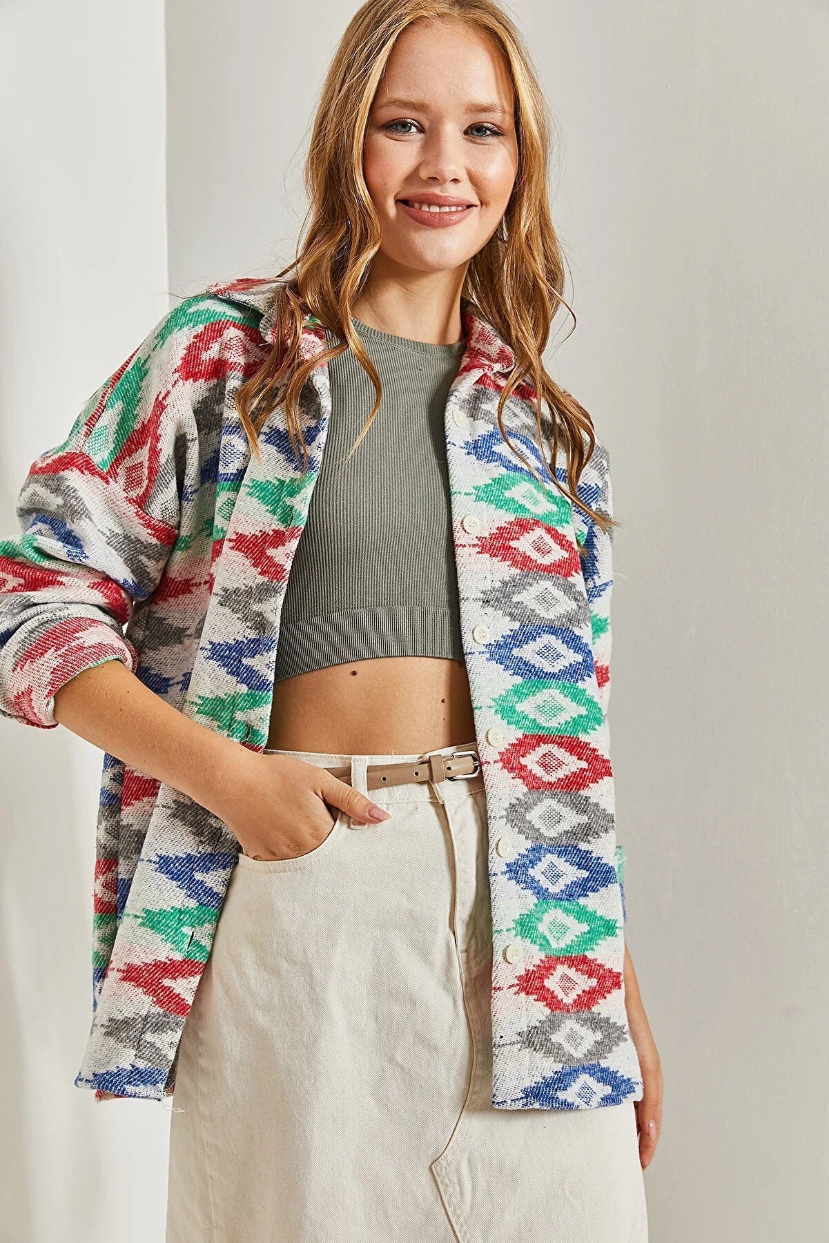 Ethnic Colorful Button Down Shacket