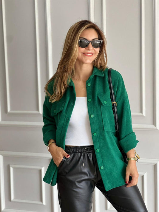 Emerald Green Long Sleeve Blouse Shacket