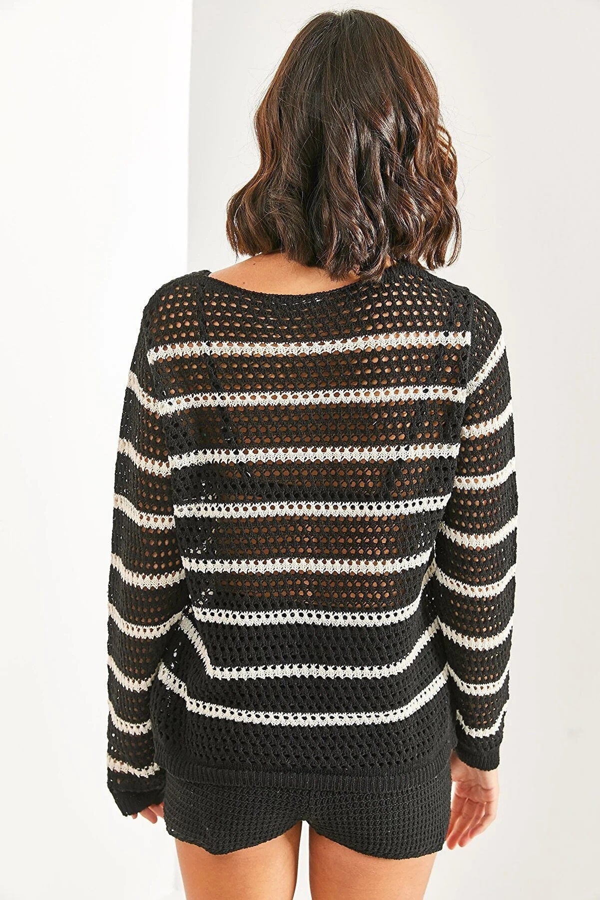 Striped Crochet Cotton Black Sweater