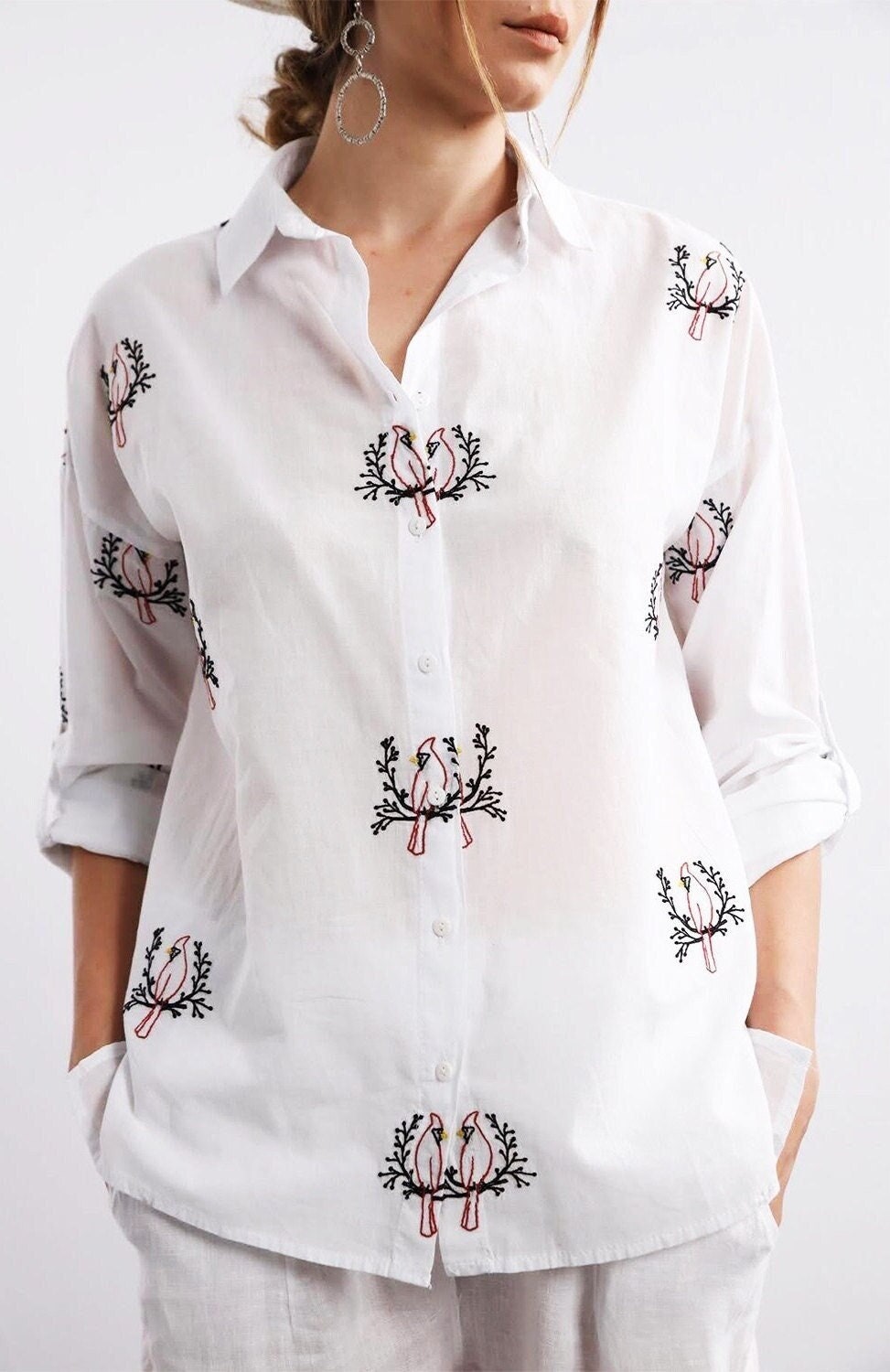 Bird Embroidery 100% Cotton Blouse