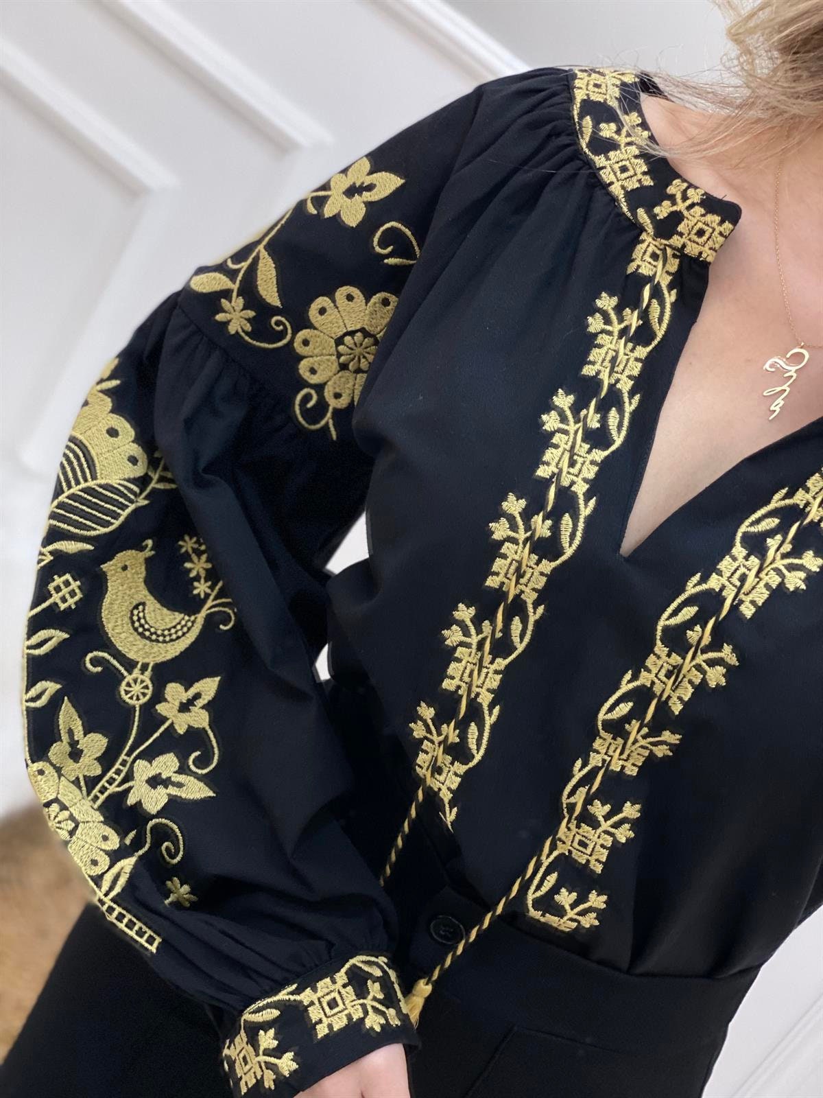 Gold Bird Floral Embroidered Cotton Blouse