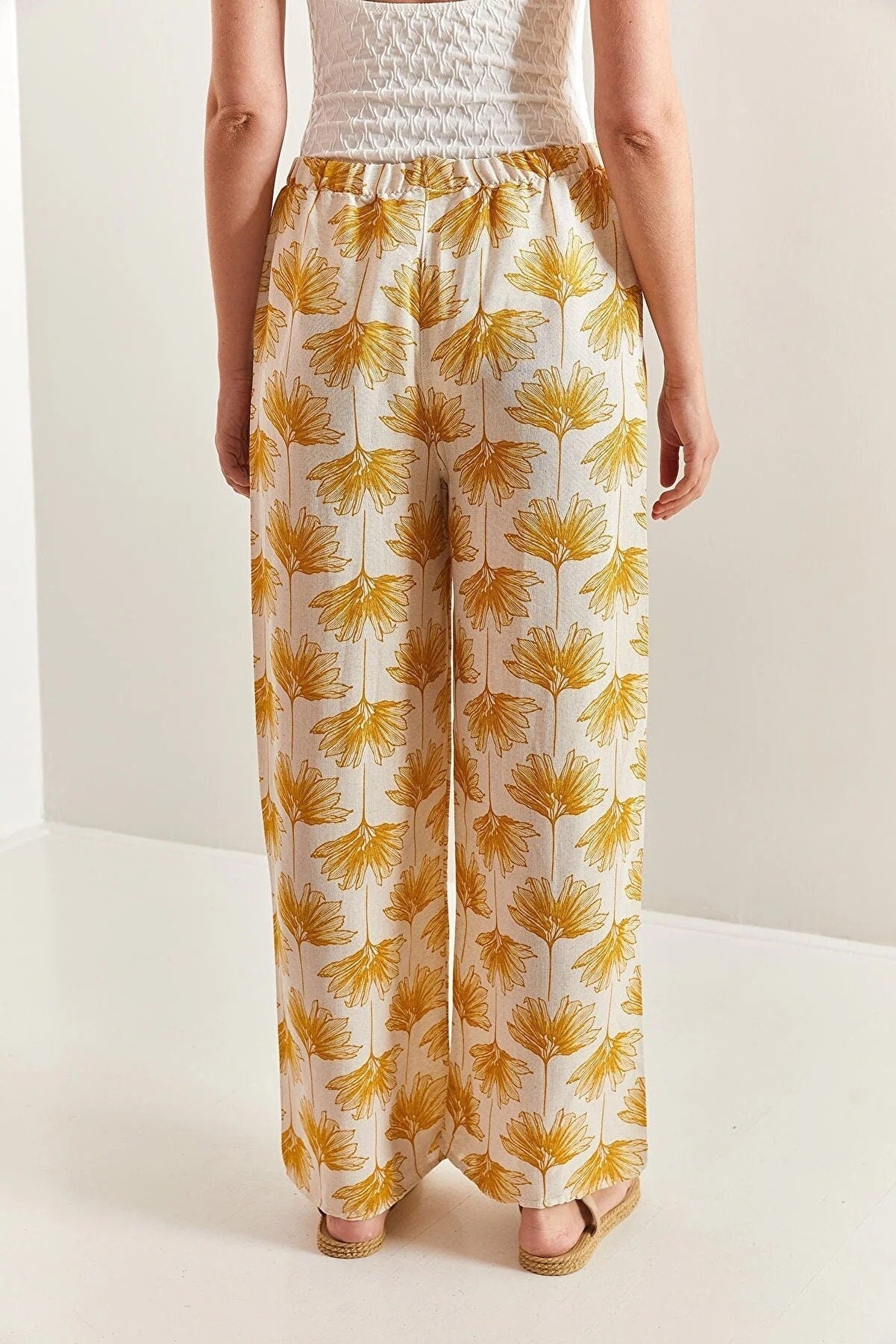 Blue Gingko Print Wide Leg Linen Pants