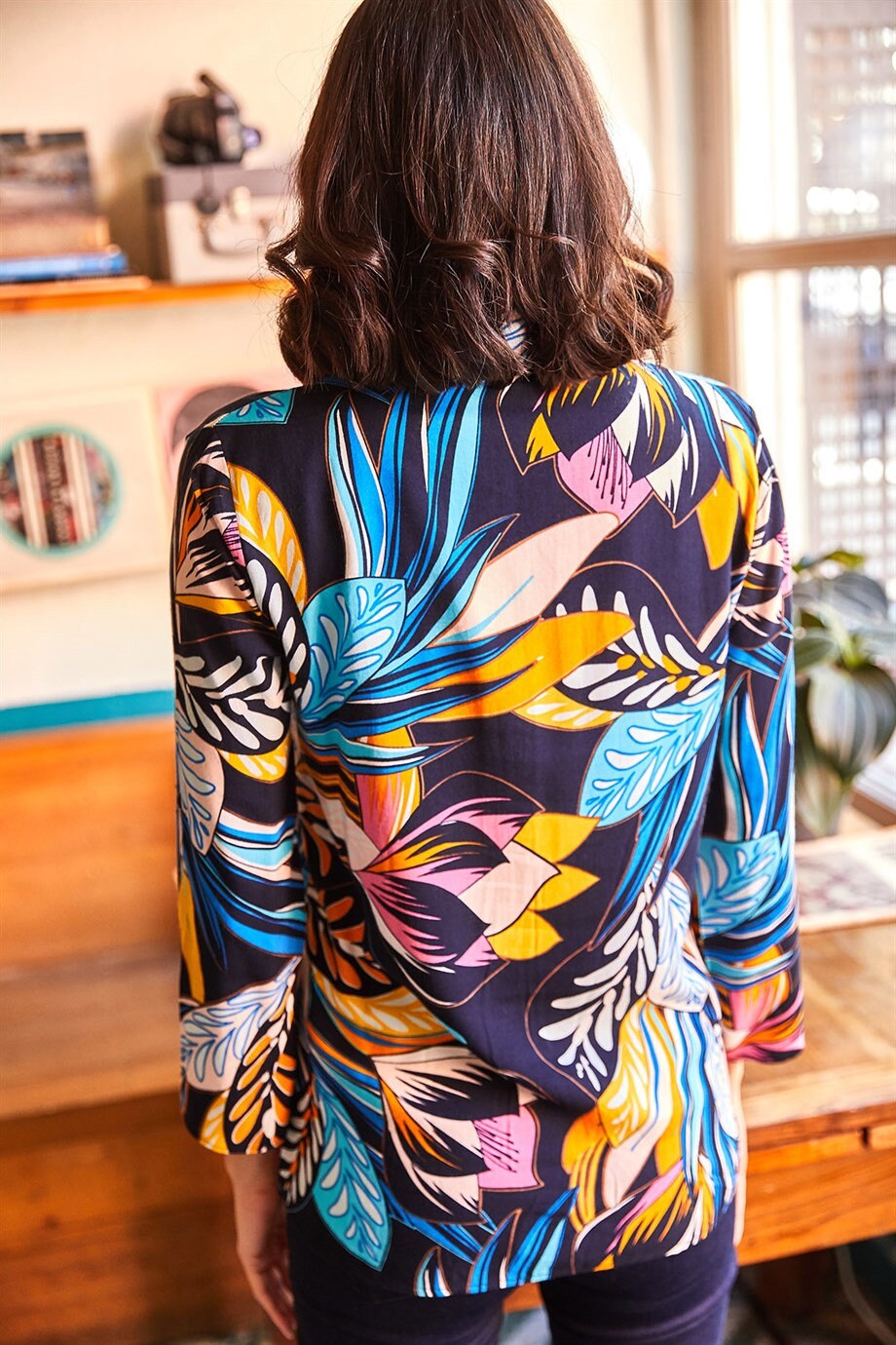 Dark Blue Colorful Leaf Print Blouse