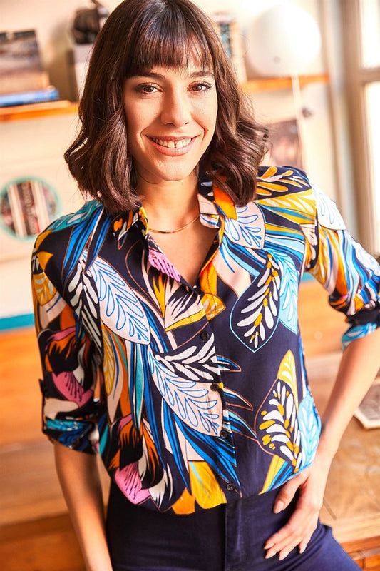 Dark Blue Colorful Leaf Print Blouse