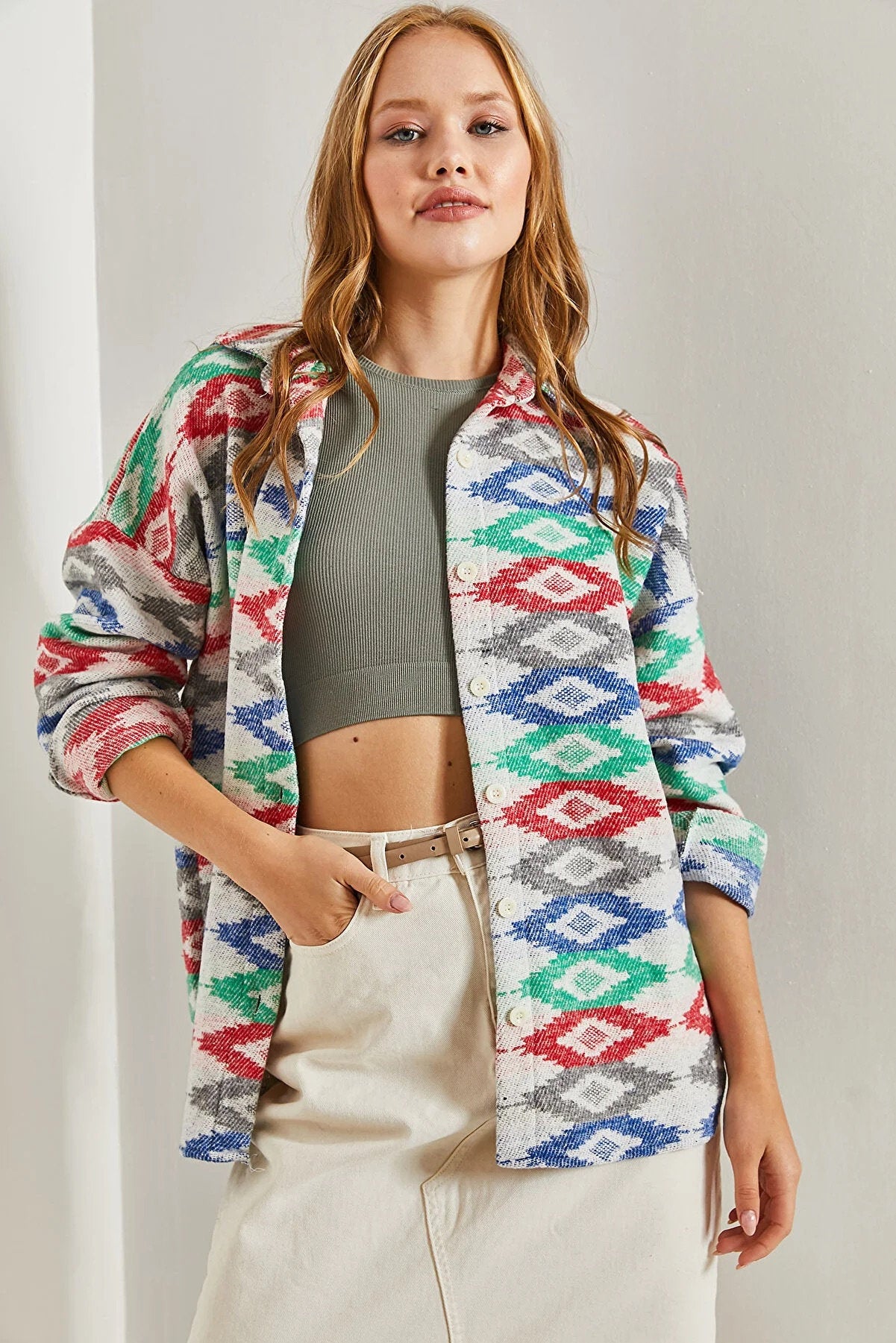 Ethnic Colorful Button Down Shacket