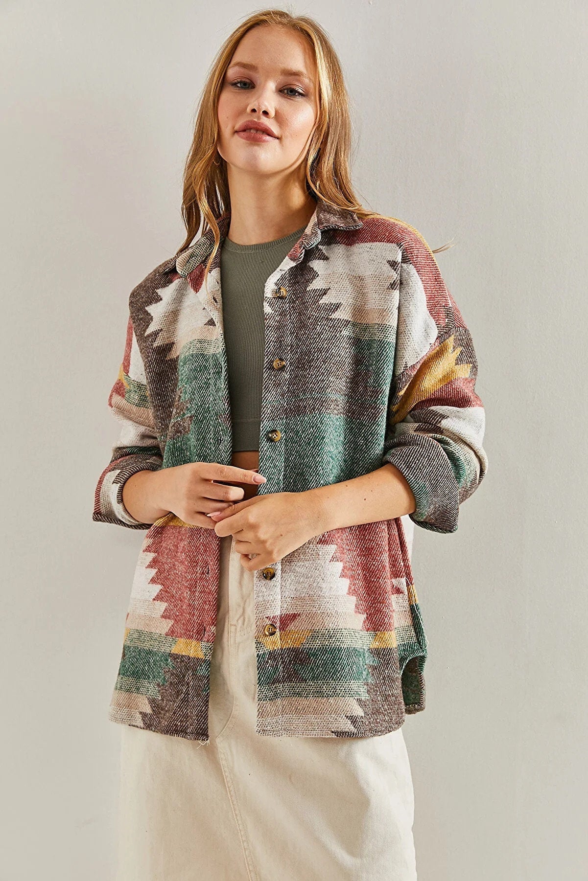 Ethnic Colorful Button Down Shacket