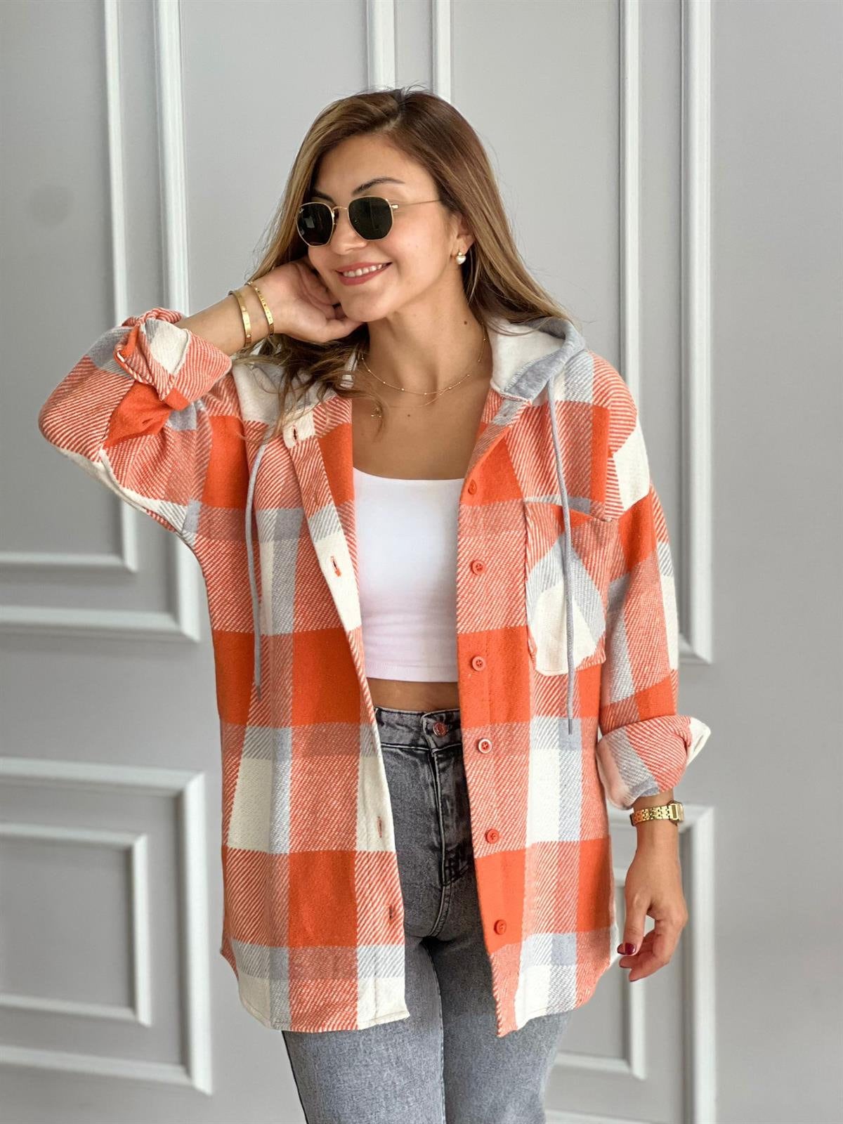 Orange Cream Cotton Plaid Shacket with Hoodie