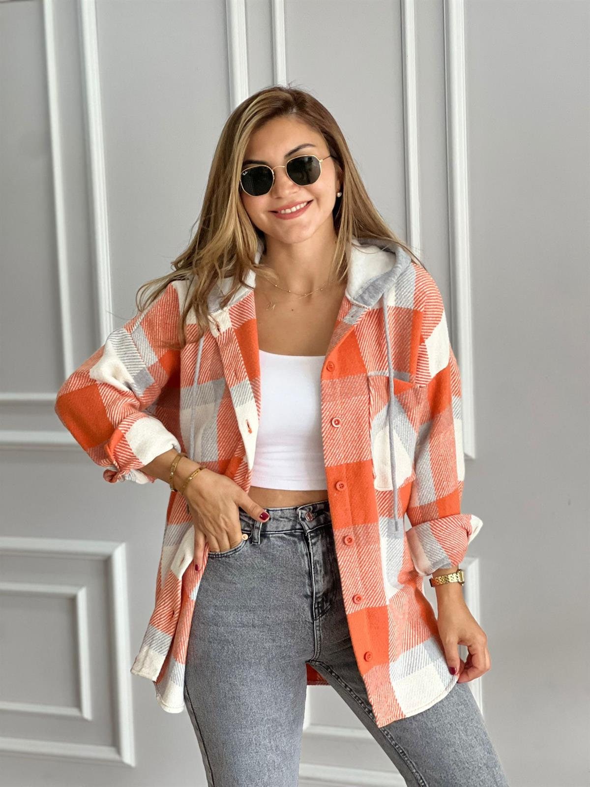 Orange Cream Cotton Plaid Shacket with Hoodie