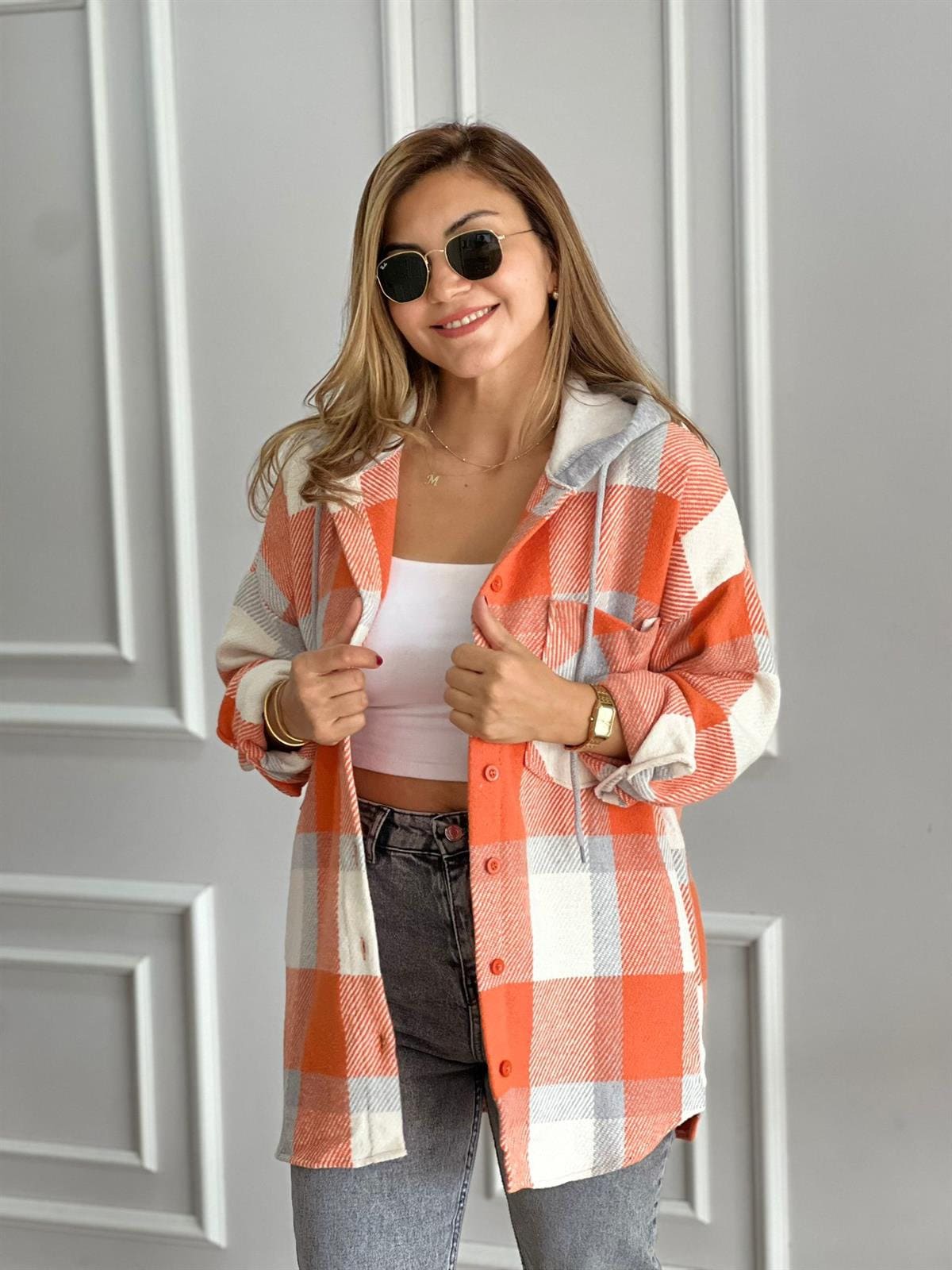 Orange Cream Cotton Plaid Shacket with Hoodie