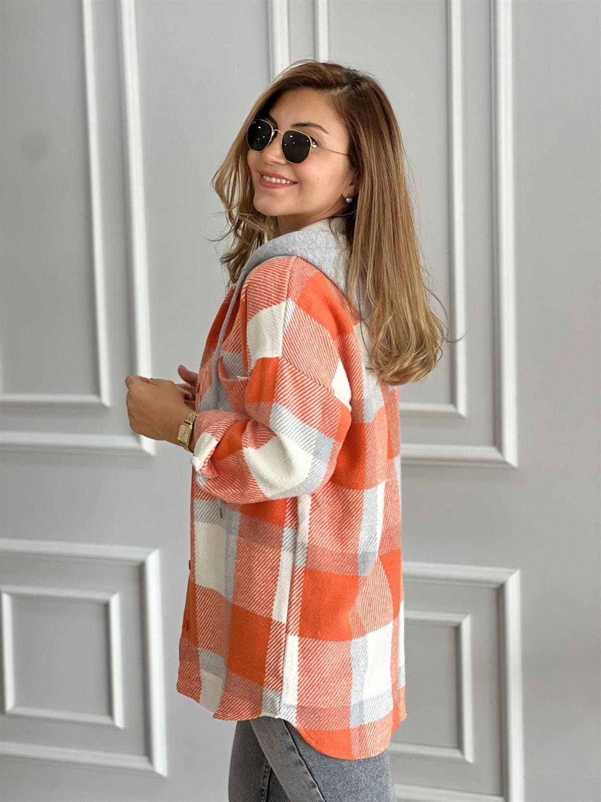 Orange Cream Cotton Plaid Shacket with Hoodie