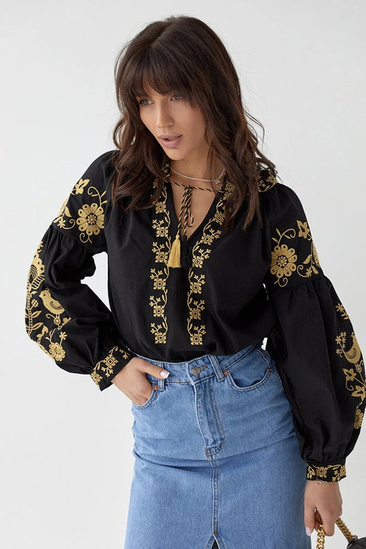 Blusa de algodón bordada con flores y pájaros dorados