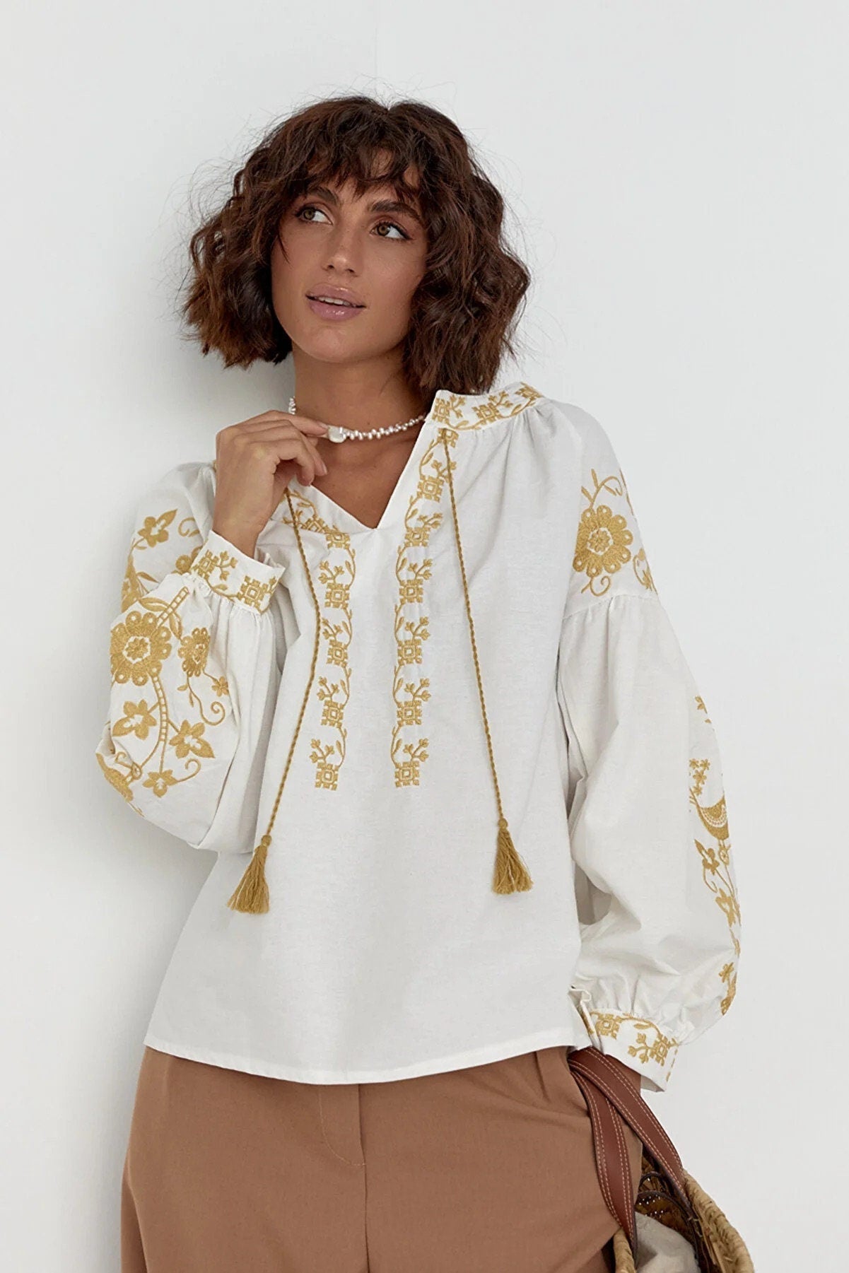 Gold Bird Floral Embroidered Cotton Blouse